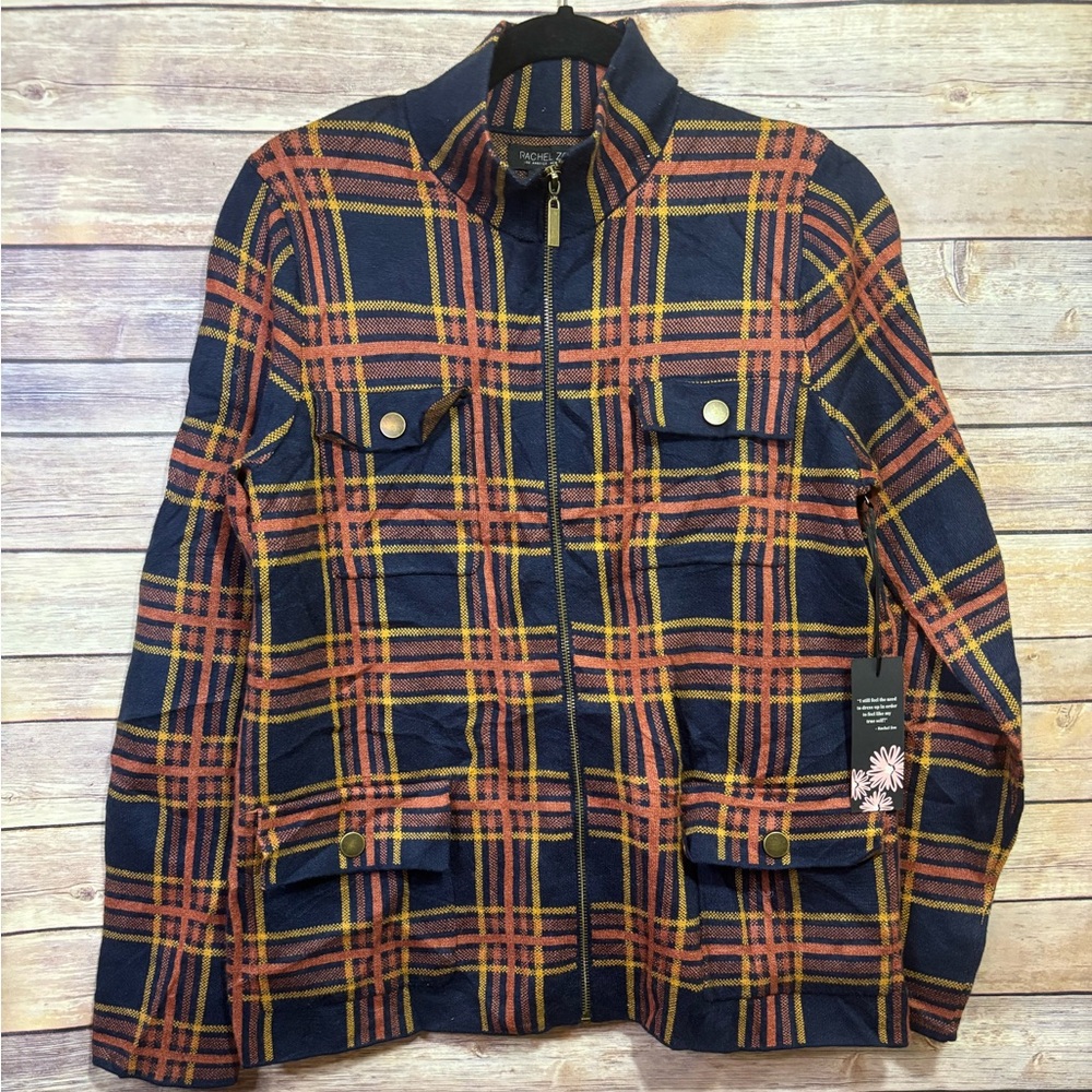 NWT Rachel Zoe Plaid Zip up Sweater Knit Cardigan Jacket Large Orange & Navy